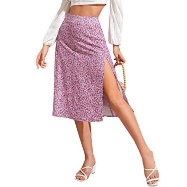 Imagem de Floerns Saia midi feminina Boho floral cintura alta dividida linha A, Roxo Ditsy Floral, GG