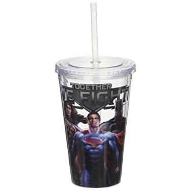 Imagem de Silver Buffalo DJ01087 DC Comics Dawn of Justice Together We Fight Copo de plástico frio com tampa e canudo, 473 ml