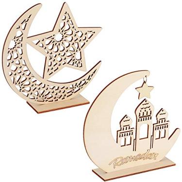 Imagem de WILLBOND Ornamento de madeira do ramadão, 2 peças de enfeite de placa pendurada Eid, ornamento de lua com estrela oca para Ramadan, Eid, Mubarak, festa, casa, quarto, mesa, artesanato, decoração