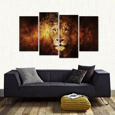 Imagem de Quadro Decorativo Leão Escritório 4 Peças Em Tecido