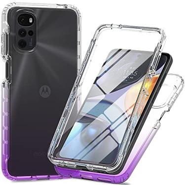 Imagem de Compatível com Motorola Moto E32 ?Capa de telefone gradiente hipertransparente com capa de tela de vidro temperado e capa de telefone anti-queda (roxa, Motorola Moto E32)