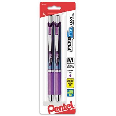 Imagem de Pentel Caneta de tinta gel, caneta de gel retrátil EnerGel RTX 0,7 mm, ponta de agulha, tinta violeta, pacote com 2 (BLN77BP2V)