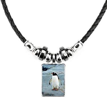 Imagem de DIYthinker Colar com pingente de corda de couro com pingente de pinguim do oceano e pedra da Antártica