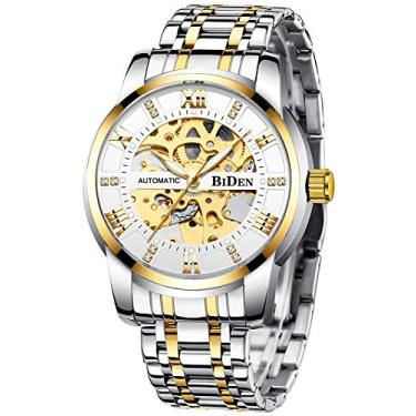 Imagem de Relógios masculinos mecânicos automáticos, autoenroláveis, aço inoxidável, esqueleto luxuoso, à prova d'água, diamante, mostrador de pulso, relógios para homens, Branco