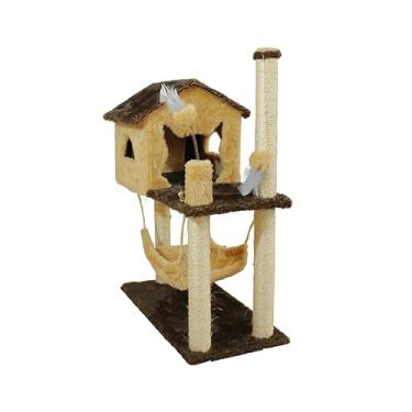 Imagem de Casa Arranhador Playground Brinquedo Com Rede Poste Sisal Gato – Bege