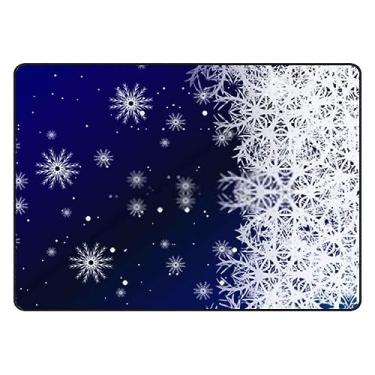 Imagem de Tapete de área de Natal com flocos de neve azul e branco 1,62 m x 1,80 m tapete leve moderno antiderrapante decoração interna e externa tapete macio para quarto, sala de jantar, sala de jantar