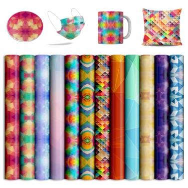 Imagem de Folhas de transferência, 12 peças de papel de sublimação de transferência de calor pré-impresso com padrão geométrico de 30,5 x 30,5 cm para prensa de canecas, porta-copos e sacolas em branco