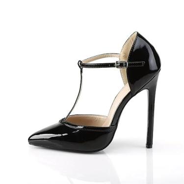 Imagem de Salto alto preto 12 cm couro envernizado bico fino moda sandálias sapatos sociais preto, Preto, 39