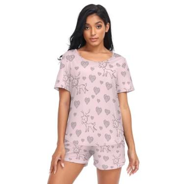 Imagem de Conjuntos de pijama feminino rosa para namorados cervos e corações conjuntos de pijama feminino leve 2 peças camisetas de dormir presentes engraçados P, Valentine Deers and Hearts Pink, XXG