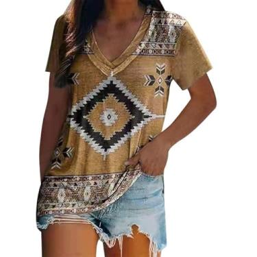 Imagem de Camisas ocidentais para mulheres com estampa solta asteca vintage étnica tribal geométrica Havaí Blusa Top Túnica havaiano Tops de verão plissada floral Top O80-Cáqui Large