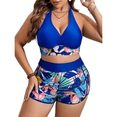 Imagem de Floerns Biquíni feminino plus size com estampa tropical frente única, Azul royal, GG Plus Size