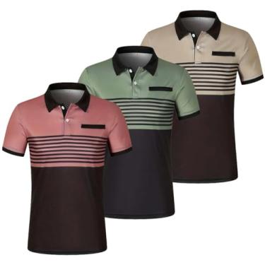 Imagem de 3 pçs/conjunto camisa polo masculina color block listrado manga curta lapela golfe camisa com bolso no peito, camiseta casual gola V, Rosa + verde + cáqui, P