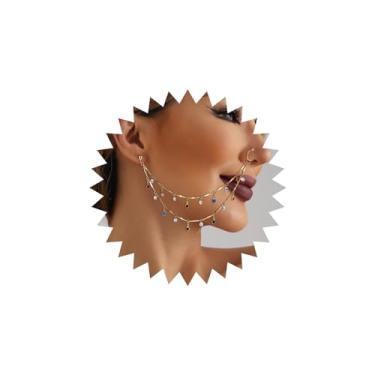 Imagem de Zeshimb Anel de nariz falso punk argola cristal strass piercing de nariz com corrente borla não perfurante folha oca nariz a orelha joia anel de nariz indiano brincos narina acessórios para o corpo