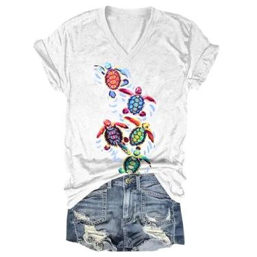 Imagem de Camiseta feminina, estampa de tartaruga, gola V, blusa de manga curta, caimento solto, casual, túnica moderna, camisa de férias de verão, Branco, XXG