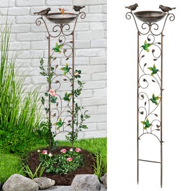 Imagem de LEWIS&WAYNE Treliça para jardim ao ar livre, treliça para plantas de jardim de ferro antigo de 106 cm decorativa com beija-flores e tigela de bebida destacável, estação de alimentação de pássaros de BirdBath