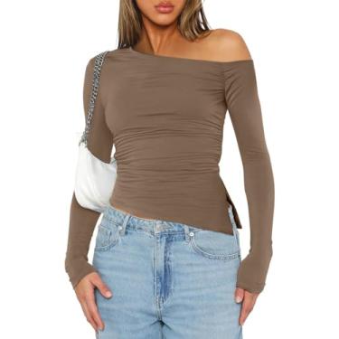 Imagem de Imily Bela Camisetas femininas assimétricas Y2K de manga comprida com ombros de fora, Caqui, GG