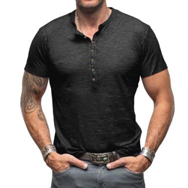 Imagem de Opomelo Camiseta masculina manga curta Henley casual algodão botão camiseta verão leve moda camisa, Preto, GG