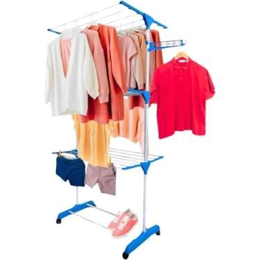 Imagem de Varal de Chão Vertical Dobrável de 3 Andares com Rodinhas - Suporta até 30 Kg - Prateleiras Reforçadas e Retráteis