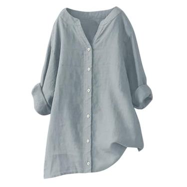 Imagem de Camiseta feminina, manga comprida, de linho, gola V, abotoada, cor lisa, grande, túnica casual, Cinza, P