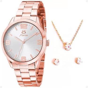 Imagem de Presente pra Ela: Relogio Feminino Aço Rose Romance + Caixa Exclusiva + Kit Joias Colar e Brincos Inox Folhados Moda Casual Social