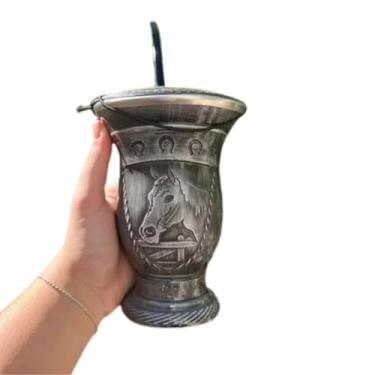 Imagem de Kit Chimarrão: Cuia Porongo com Gravura de Cavalo, Bomba de Inox e Bocal de Inox (Preto Preto)