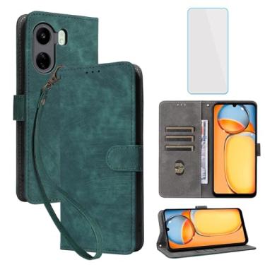 Imagem de IUQXU Capa carteira para celular Redmi 13C com protetor de tela [bloqueio RFID] couro flip suporte para cartão de pulso homens mulheres capa de celular para Xiaomi Poco C65 Redmi 13C verde