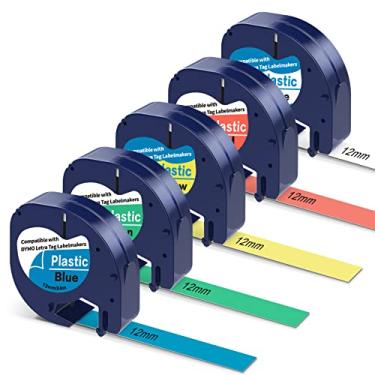 Imagem de 5 refis de plástico colorido para substituição de etiquetas Dymo Letratag 12 mm 1/2" uso para etiquetadora Letra Tag LT100H LT100T QX50 compatível com a fita branca Dymo Reills Plasitc