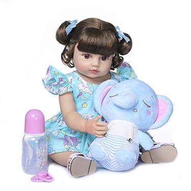 Imagem de Boneca Baby Reborn Original 50cm com Acessórios – Silicone Realístico, Cabelos Castanhos, Brinquedo para Meninas e Meninos, 100% Diversão, Multicor e Surpresas. (Elefante Azul)