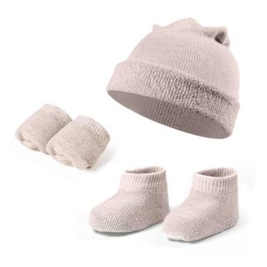 Imagem de Kit 03 peças Recém Nascido Maternidade Enxoval Meia, Touca E Luva para Meninos e Meninas (Bege, Recém Nascido)