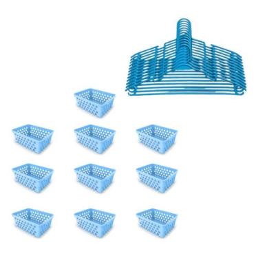Imagem de Kit 10 Cesto Organizador 16x12x6 E 20 Cabide Infantil - genérica, azul