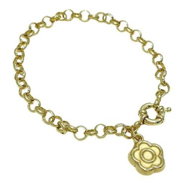 Imagem de Pulseira Elos Portugueses Com Pingente Trevo Banho Ouro 3191A - Très C