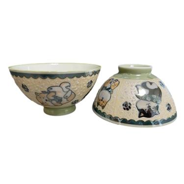 Imagem de Tigelas de arroz japonesas de cerâmica Shiba Dog da Mino Ware, 4,45 polegadas de diâmetro, 27 ml fluídas, verde com acabamento brilhante Chawan, conjunto de 2 do Japão