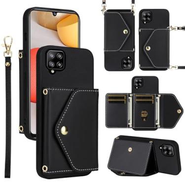 Imagem de Dswteny Capa carteira para Samsung Galaxy A42 5G com cordão de pulso alça de ombro bolsa flip, suporte de cartão de crédito de couro PU acessórios capa de celular para 42 G5 42A S42 4G 2021 mulheres