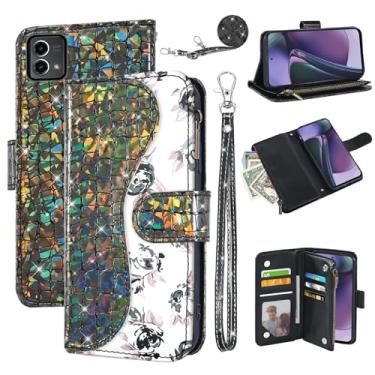 Imagem de Dibosom Capa carteira floral para Motorola Moto G Stylus 5G 2023 com alça de pulso alça de ombro flip zíper bolsa porta-cartão, suporte brilhante brilhante para celular GStylus G5 XT2317DL preta
