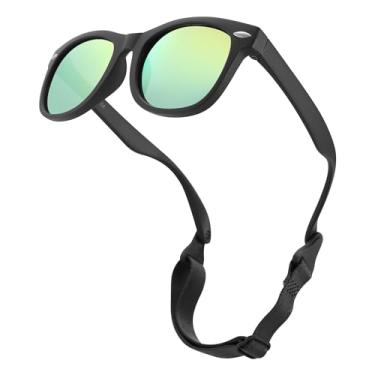 Imagem de LIU·WEN Óculos de sol polarizados fofos para bebês – Flexível dobrável com alça para recém-nascidos, meninos e meninas de 0 a 24 meses, Espelho A5 cinza fosco/dourado, mdeium