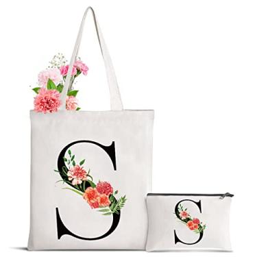 Imagem de Sanuurfky Sacola de lona com letra inicial personalizada para presente para o dia das mães, damas de honra, noiva, aniversário, casamento, Flor-S, Large
