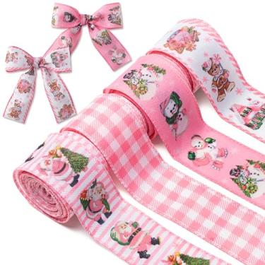 Imagem de WoodHoming Fita de Natal com fio - 4 rolos 24 jardas vintage rosa Natal artesanato fita para grinaldas, laços, Papai Noel, boneco de neve, tecido, decoração para guirlanda de árvore, faça você mesmo,
