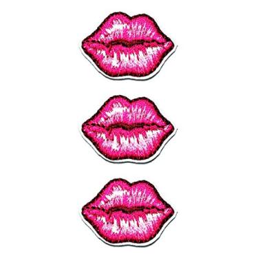 Imagem de Conjunto de 3 peças mini rosa pequeno sexy boca beija-me desenho animado bordado ferro no remendo logotipo colete jaqueta jaqueta moletom com capuz mochila remendos artes artesanato DIY bordado