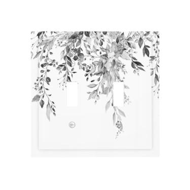 Imagem de Yamxbfa Capa decorativa para interruptor de luz de eucalipto floral de eucalipto cinza e branco, flor botânica, placa decorativa para parede de 2 grupos, placa elétrica de dois dispositivos, placa