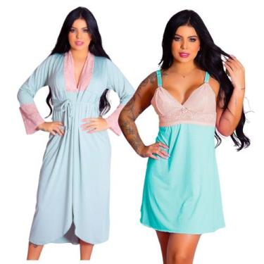 Imagem de Kit de Robe Roupão Longo e Camisola Amamentação Gestante Fácil Acesso 