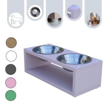 Imagem de Comedouro Elevado Duplo Pet Gato Cachorro Mdf Luke - Inox - Rose - Mad