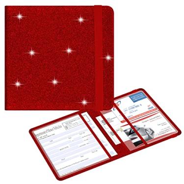 Imagem de Carteira organizadora de porta-luvas de couro PU com glitter Wisdompro para documentos, identidade, carteira de motorista, cartões de informações essenciais - vermelho brilhante
