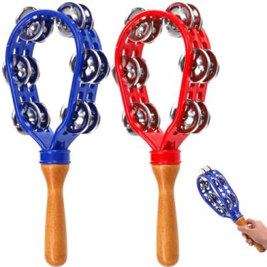 Imagem de Eorbow Pacote com 2 pandeiros de 30,5 cm para adultos, duas fileiras de metal, pandeireira manual, instrumento de percussão manual de madeira, sinos musicais para festas escolares e shows na igreja
