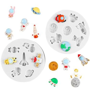 Imagem de Molde de silicone para astronauta nave espacial faça você mesmo foguete planeta aniversário fondant ferramenta de decoração de bolo açúcar chocolate doce argila molde de pasta de goma cupcake