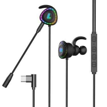 Imagem de Poihiom Fone de ouvido intra-auricular USB-C para jogos, tipo C, fio, E-Sport, cancelamento de ruído, graves estéreo, microfone ajustável e luz RGB para iPhone