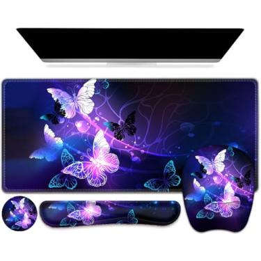 Imagem de NXZGO Tapete de mouse grande com suporte de pulso, conjunto 4 em 1, 2GG + descanso de pulso para teclado + descanso de pulso para mouse + porta-copos com design ergonômico, tapete de jogos para mesa