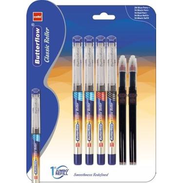 Imagem de Cello Conjunto clássico de canetas Roller Pen Butterflow | Pacote com 4 canetas Roller | 2 azuis, 1 preta e 1 tinta vermelha + 2 refis jumbo | Experiência de escrita suave | Para estudantes e uso no