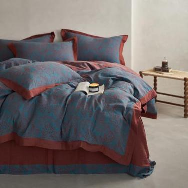 Imagem de mixinni Capa de edredom floral azul vintage de algodão musselina tamanho queen 3 peças com fios tingidos bordô jacquard trançado capa de edredom macio e respirável conjuntos de cama para todas as