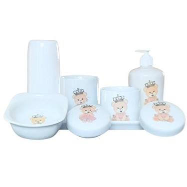 Imagem de Kit higiene bebê Princesa Ursinha 6 peças - bandeja, potes, porta álco