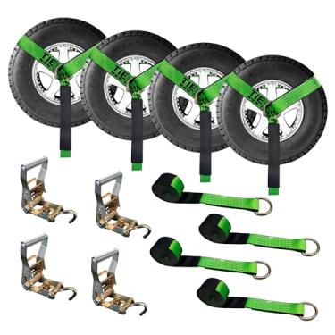 Imagem de Mega Cargo Control Conjunto de 4 alças de laço de anel D de elevação de roda de 5 cm x 25 cm com (4) catraca de 5 cm, (4) gancho J tubo, (4) protetor de manga de guincho de laço - (presente) |